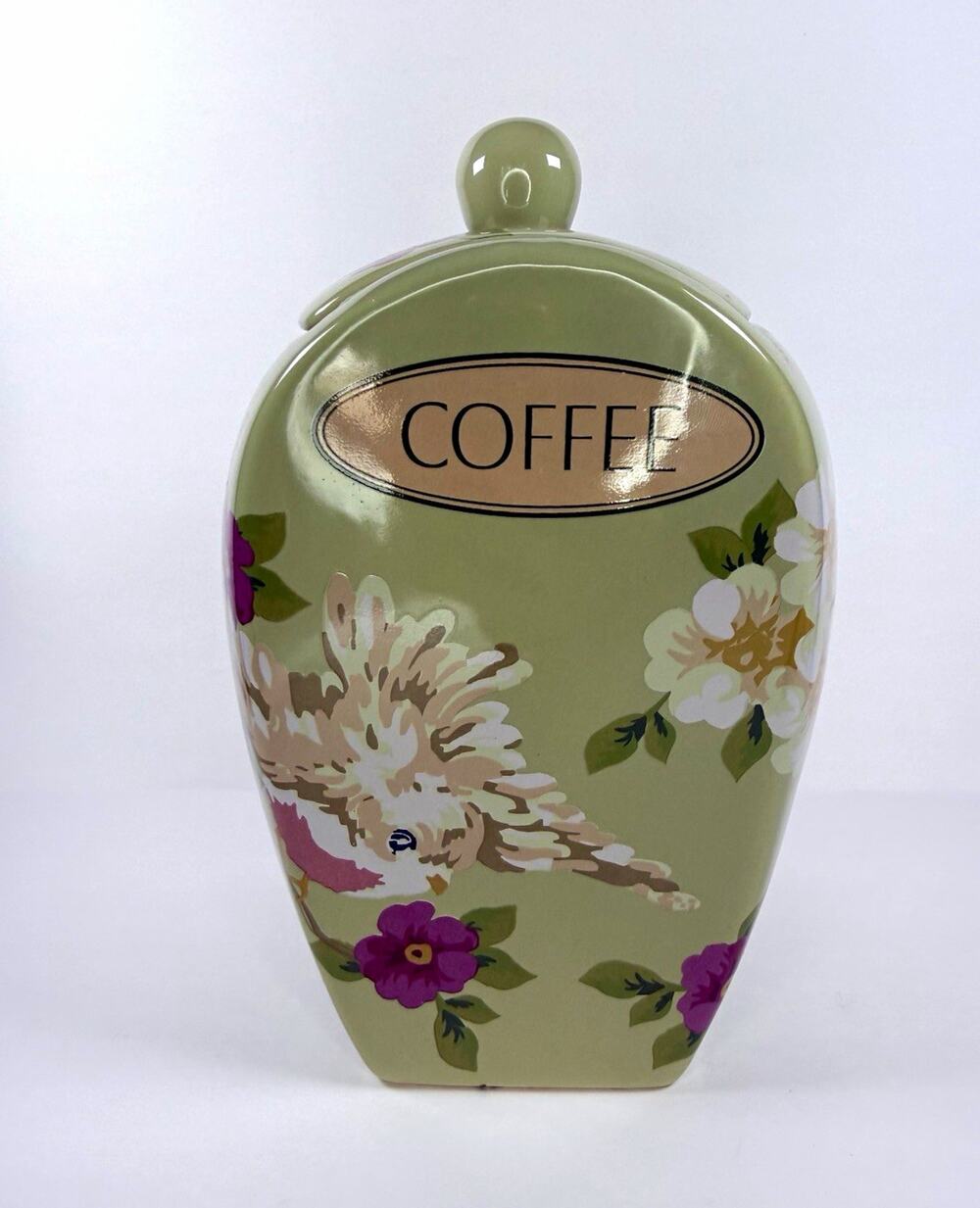 Songbird Garden by Rosie B. Farmer Ceramic Coffee Canister Storage Jar Sage Flor